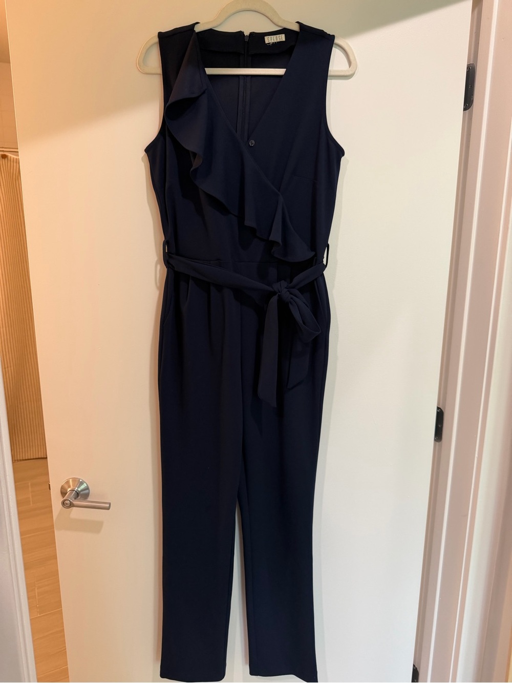 Spense Navy Sleeveless Ruffle-Front Jumpsuit with Self-Tie Waist
